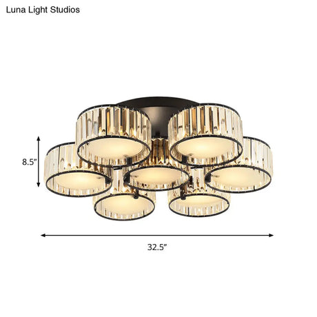 Modern Black Flush Mount Ceiling Light Fixture With Drum Crystal Shade - 3/5/6 Lights For Living