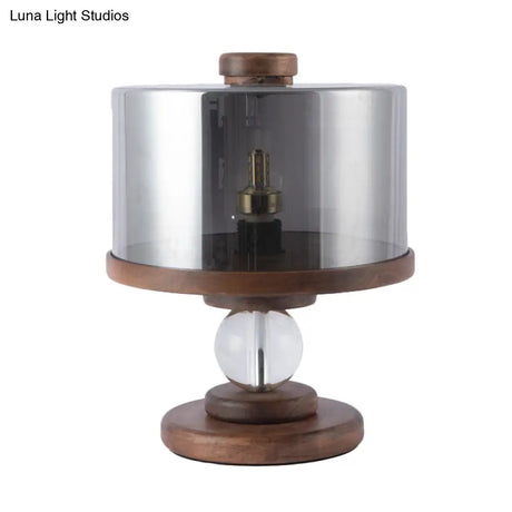 Modern Black Glass Drum Table Lamp With Single Light Brown Wood Base - Perfect For Living Room