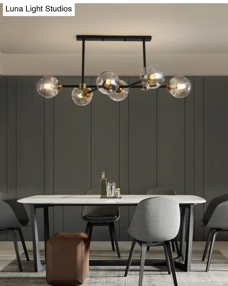 Modern Black Glass Island Pendant Light With 6 Spherical Lights For Dining Table