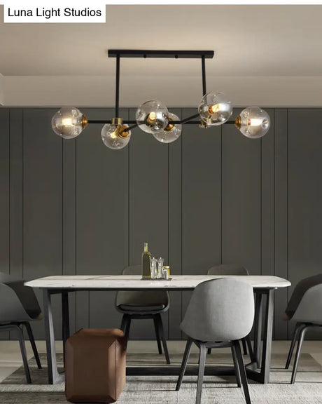 Modern Black Glass Island Pendant Light With 6 Spherical Lights For Dining Table