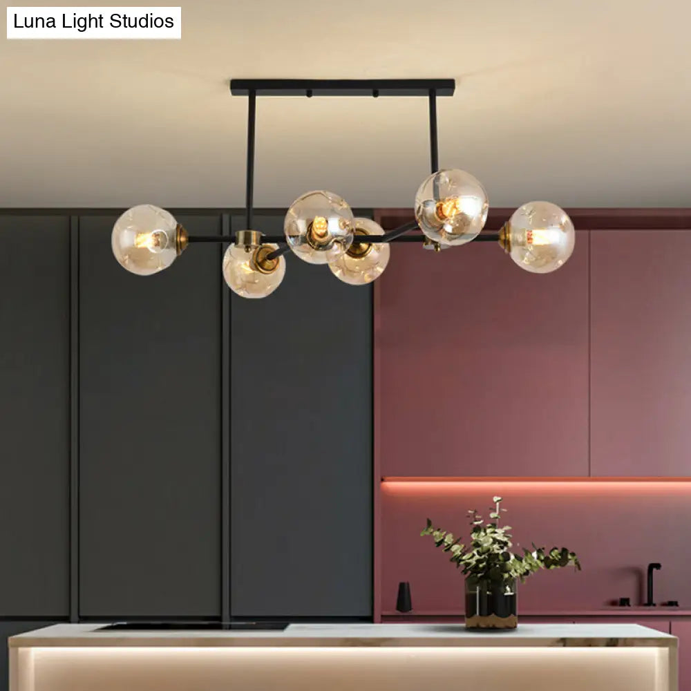 Modern Black Glass Island Pendant Light With 6 Spherical Lights For Dining Table