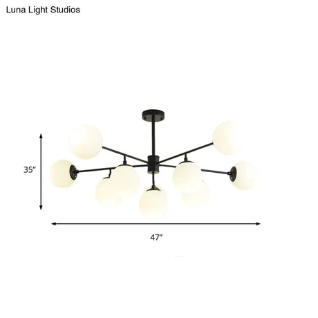 Modern Black/Gold Branch Chandelier - 7/9/11-Light Iron Pendant With White Glass Ball Shade