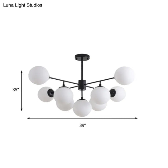 Modern Black/Gold Branch Chandelier - 7/9/11-Light Iron Pendant With White Glass Ball Shade