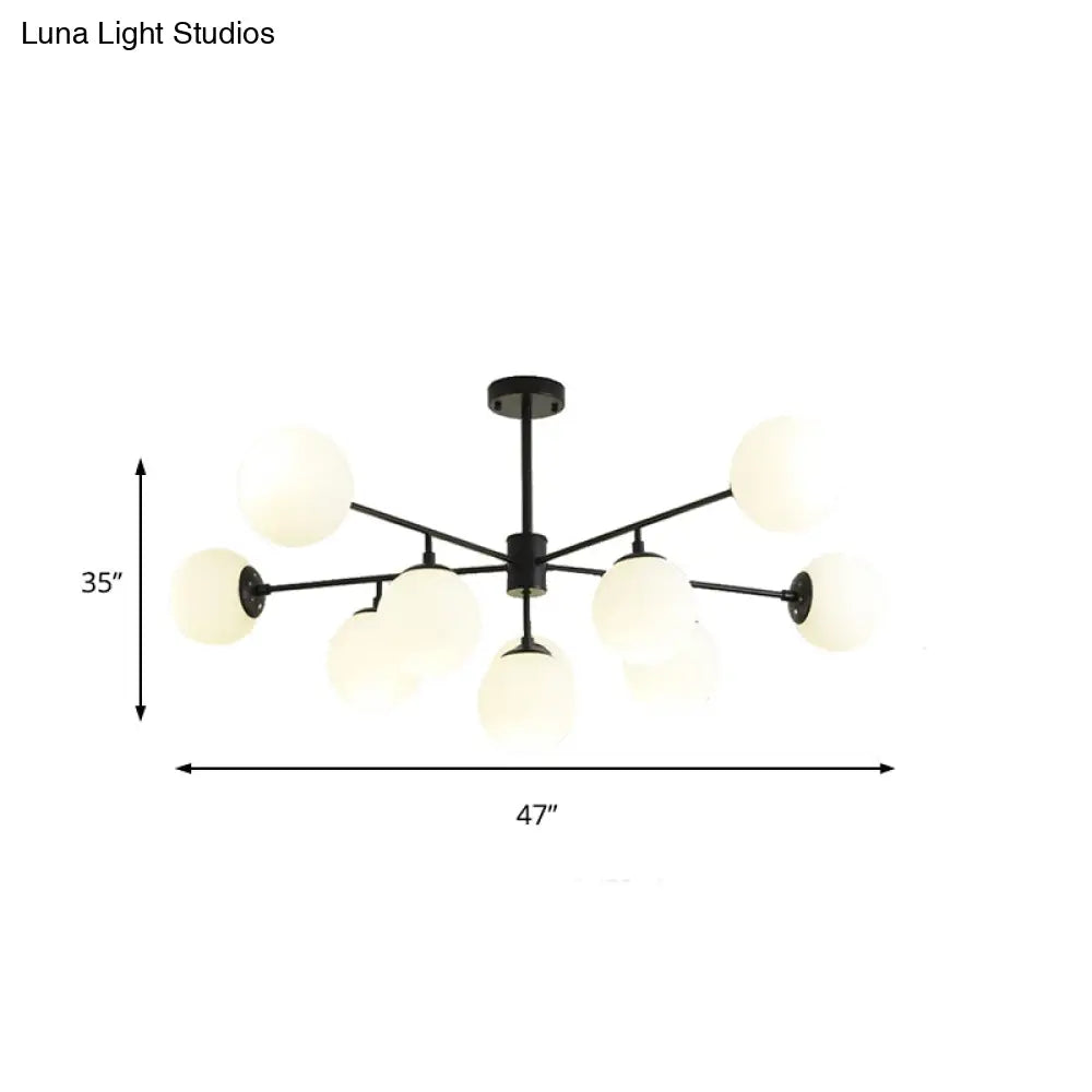 Modern Black/Gold Branch Chandelier - 7/9/11-Light Iron Pendant With White Glass Ball Shade