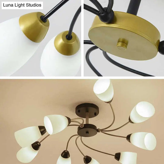 Modern Black/Gold Curly Floral Semi Flush Mount Ceiling Light - 9/12 Lights Milk White Glass Living