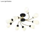Modern Black/Gold Curly Floral Semi Flush Mount Ceiling Light - 9/12 Lights Milk White Glass Living