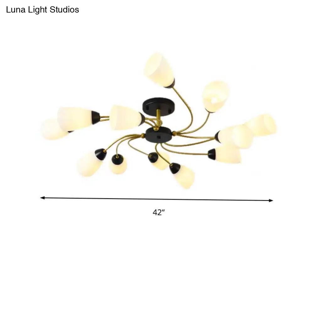 Modern Black/Gold Curly Floral Semi Flush Mount Ceiling Light - 9/12 Lights Milk White Glass Living