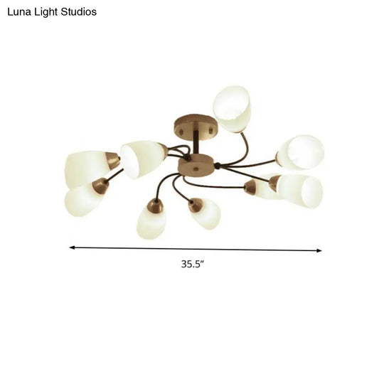 Modern Black/Gold Curly Floral Semi Flush Mount Ceiling Light - 9/12 Lights Milk White Glass Living