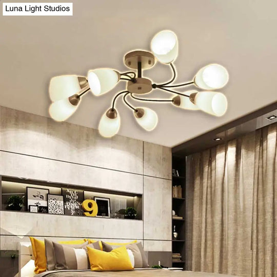 Modern Black/Gold Curly Floral Semi Flush Mount Ceiling Light - 9/12 Lights Milk White Glass Living