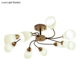 Modern Black/Gold Curly Floral Semi Flush Mount Ceiling Light - 9/12 Lights Milk White Glass Living