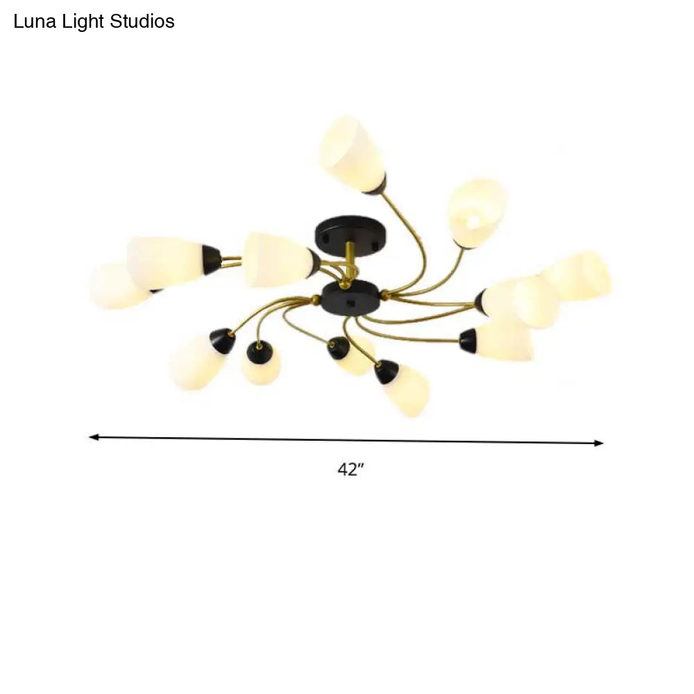 Modern Black/Gold Curly Floral Semi Flush Mount Ceiling Light - 9/12 Lights Milk White Glass Living