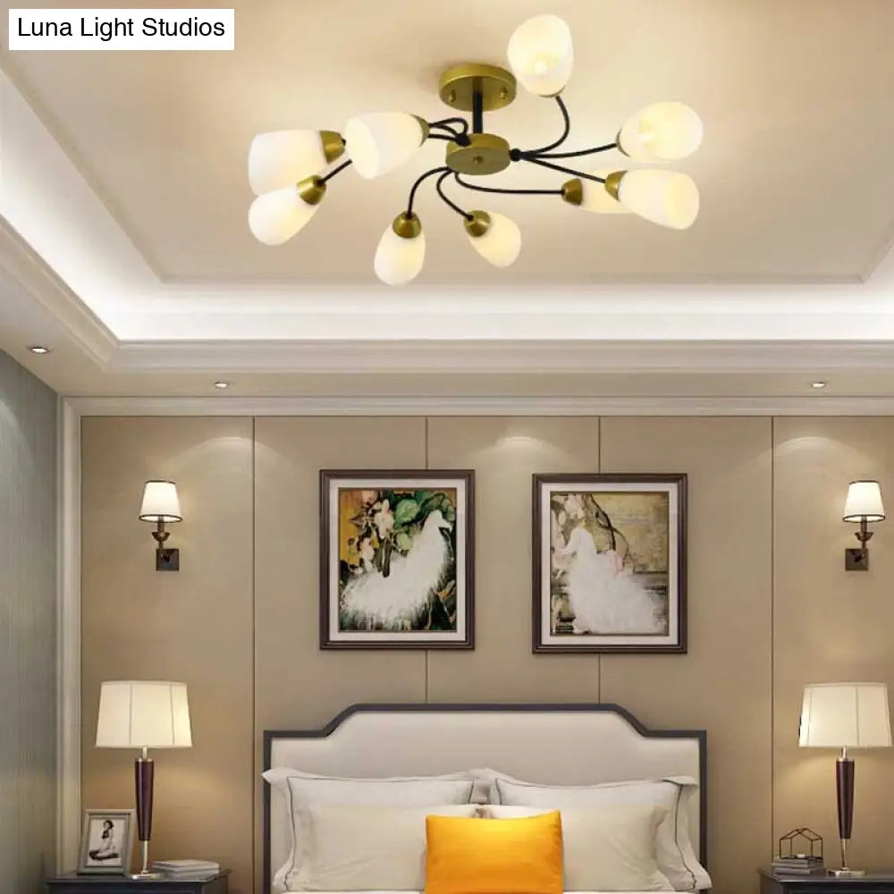 Modern Black/Gold Curly Floral Semi Flush Mount Ceiling Light - 9/12 Lights Milk White Glass Living