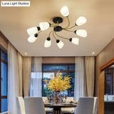 Modern Black/Gold Curly Floral Semi Flush Mount Ceiling Light - 9/12 Lights Milk White Glass Living