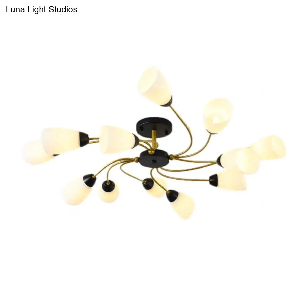 Modern Black/Gold Curly Floral Semi Flush Mount Ceiling Light - 9/12 Lights Milk White Glass Living
