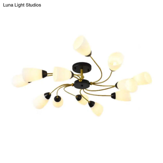 Modern Black/Gold Curly Floral Semi Flush Mount Ceiling Light - 9/12 Lights Milk White Glass Living