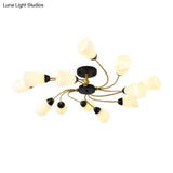 Modern Black/Gold Curly Floral Semi Flush Mount Ceiling Light - 9/12 Lights Milk White Glass Living