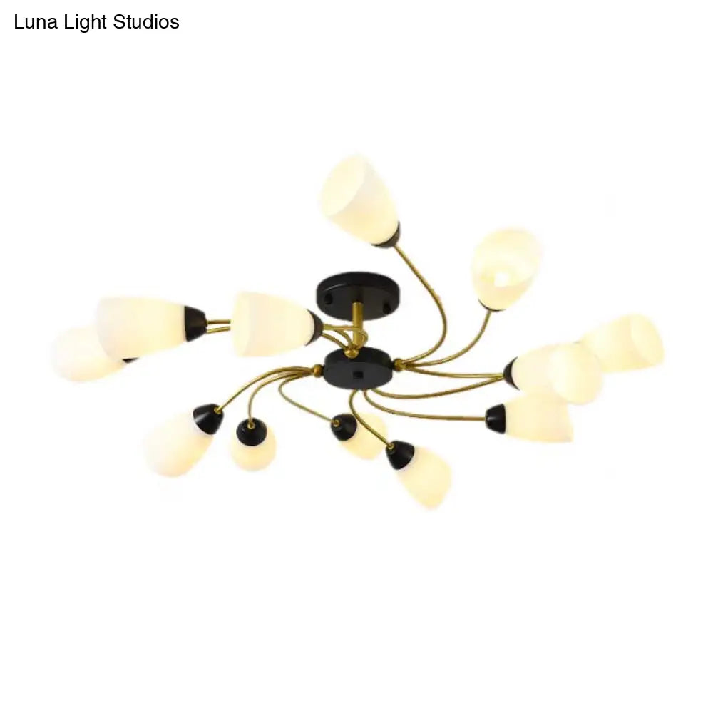 Modern Black/Gold Curly Floral Semi Flush Mount Ceiling Light - 9/12 Lights Milk White Glass Living
