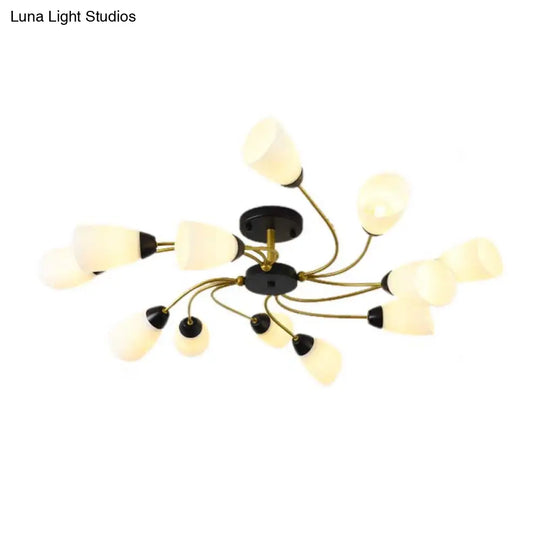 Modern Black/Gold Curly Floral Semi Flush Mount Ceiling Light - 9/12 Lights Milk White Glass Living