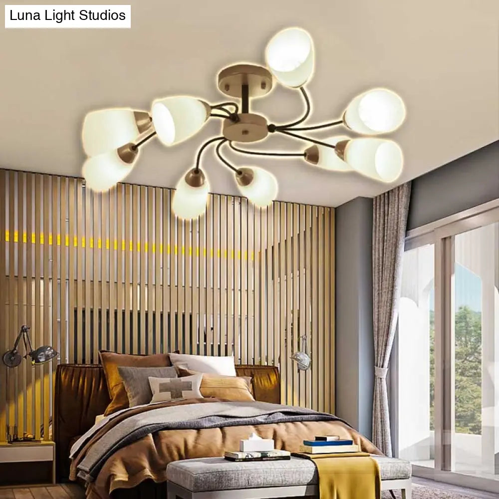 Modern Black/Gold Curly Floral Semi Flush Mount Ceiling Light - 9/12 Lights Milk White Glass Living