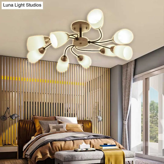 Modern Black/Gold Curly Floral Semi Flush Mount Ceiling Light - 9/12 Lights Milk White Glass Living