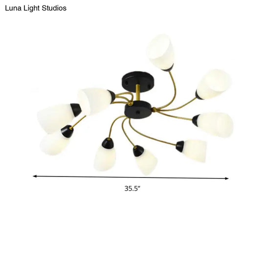Modern Black/Gold Curly Floral Semi Flush Mount Ceiling Light - 9/12 Lights Milk White Glass Living
