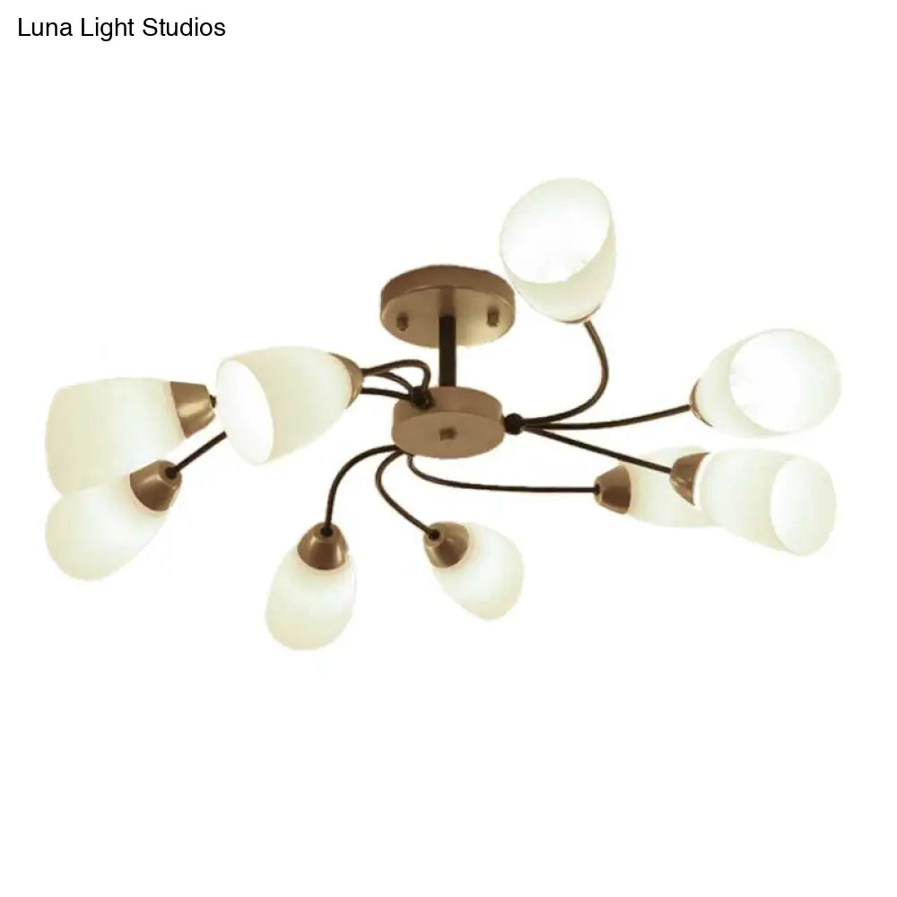 Modern Black/Gold Curly Floral Semi Flush Mount Ceiling Light - 9/12 Lights Milk White Glass Living