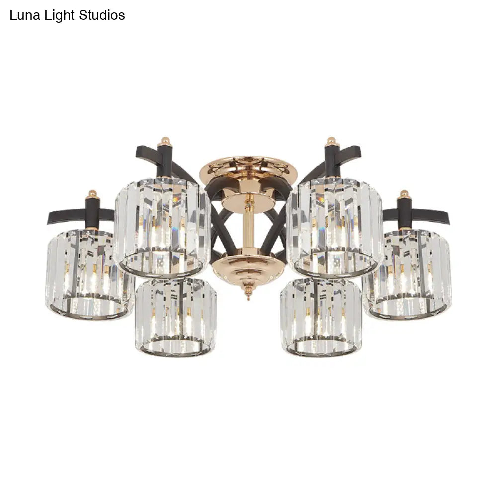 Modern Black & Gold Cylinder Crystal Block Semi Flush Light - Bedroom Ceiling Lamp (3/6 Heads)