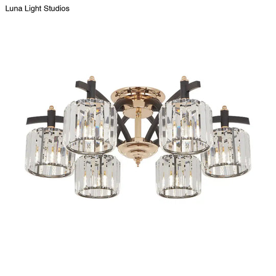 Modern Black & Gold Cylinder Crystal Block Semi Flush Light - Bedroom Ceiling Lamp (3/6 Heads)