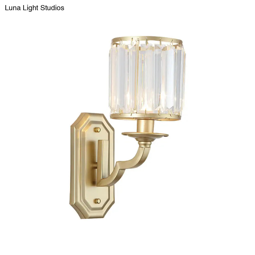 Modern Black/Gold Cylinder Wall Light Sconce With Clear Crystal Accent For Bedroom