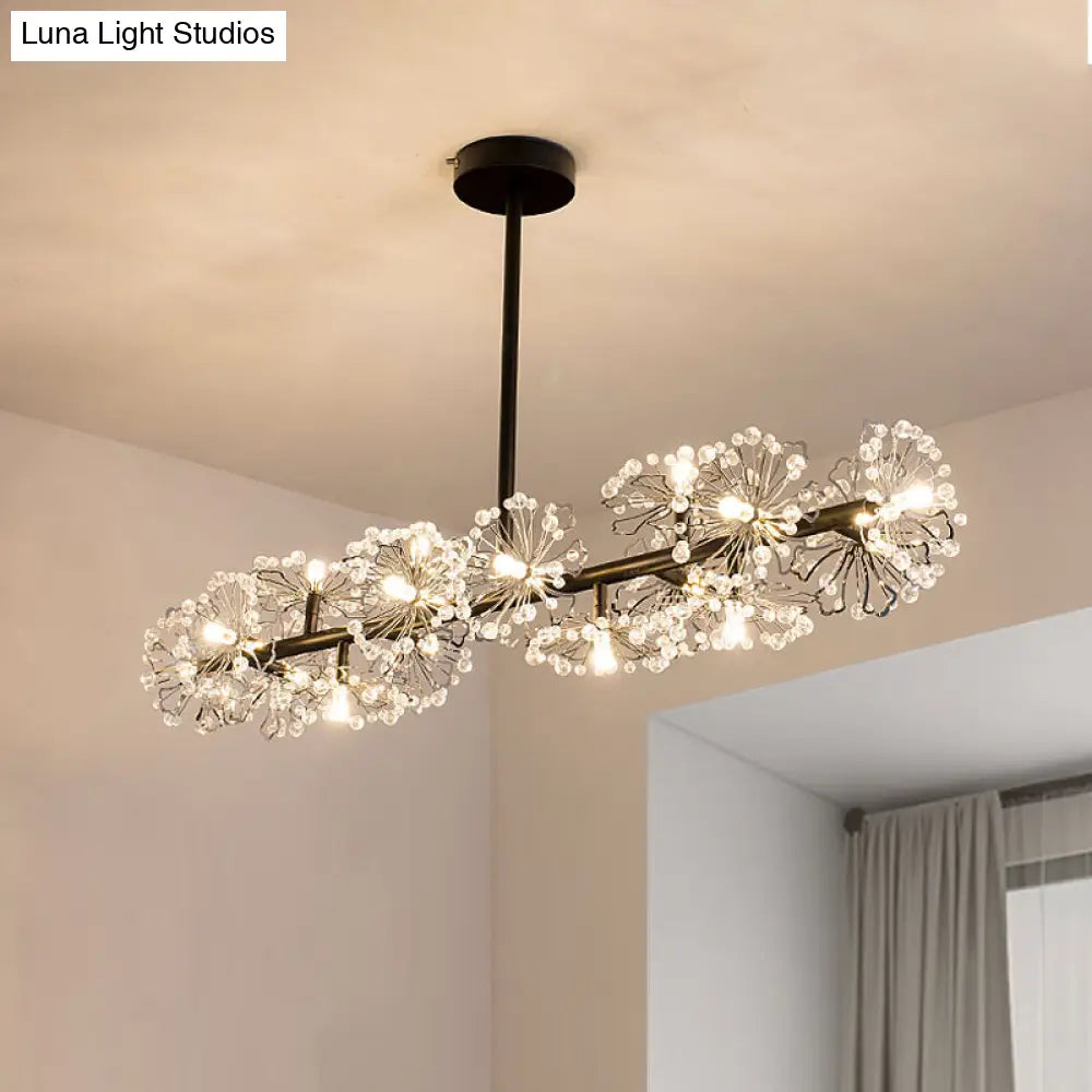 Modern Black/Gold Floral Island Pendant With 16-Head Crystal Design - Hanging Ceiling Light Fixture