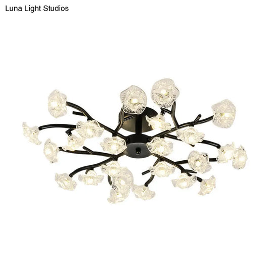 Modern Black/Gold Flower Branch Semi Flush Mount Chandelier - 24-Bulb Ceiling Light With Transparent