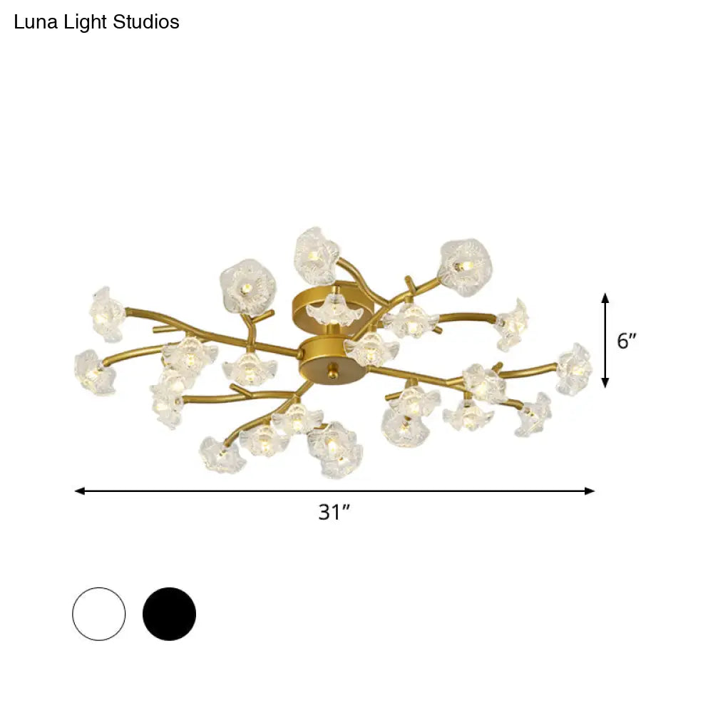 Modern Black/Gold Flower Branch Semi Flush Mount Chandelier - 24 - Bulb Ceiling Light With