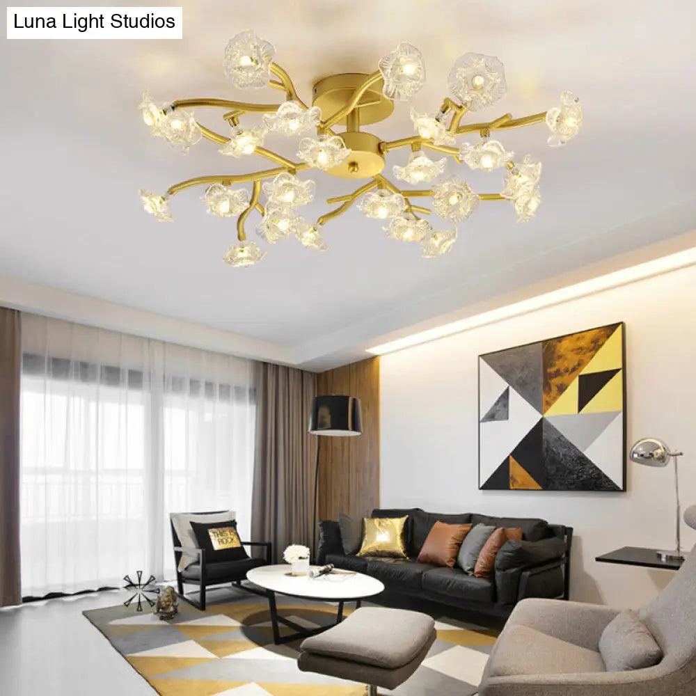 Modern Black/Gold Flower Branch Semi Flush Mount Chandelier - 24 - Bulb Ceiling Light With