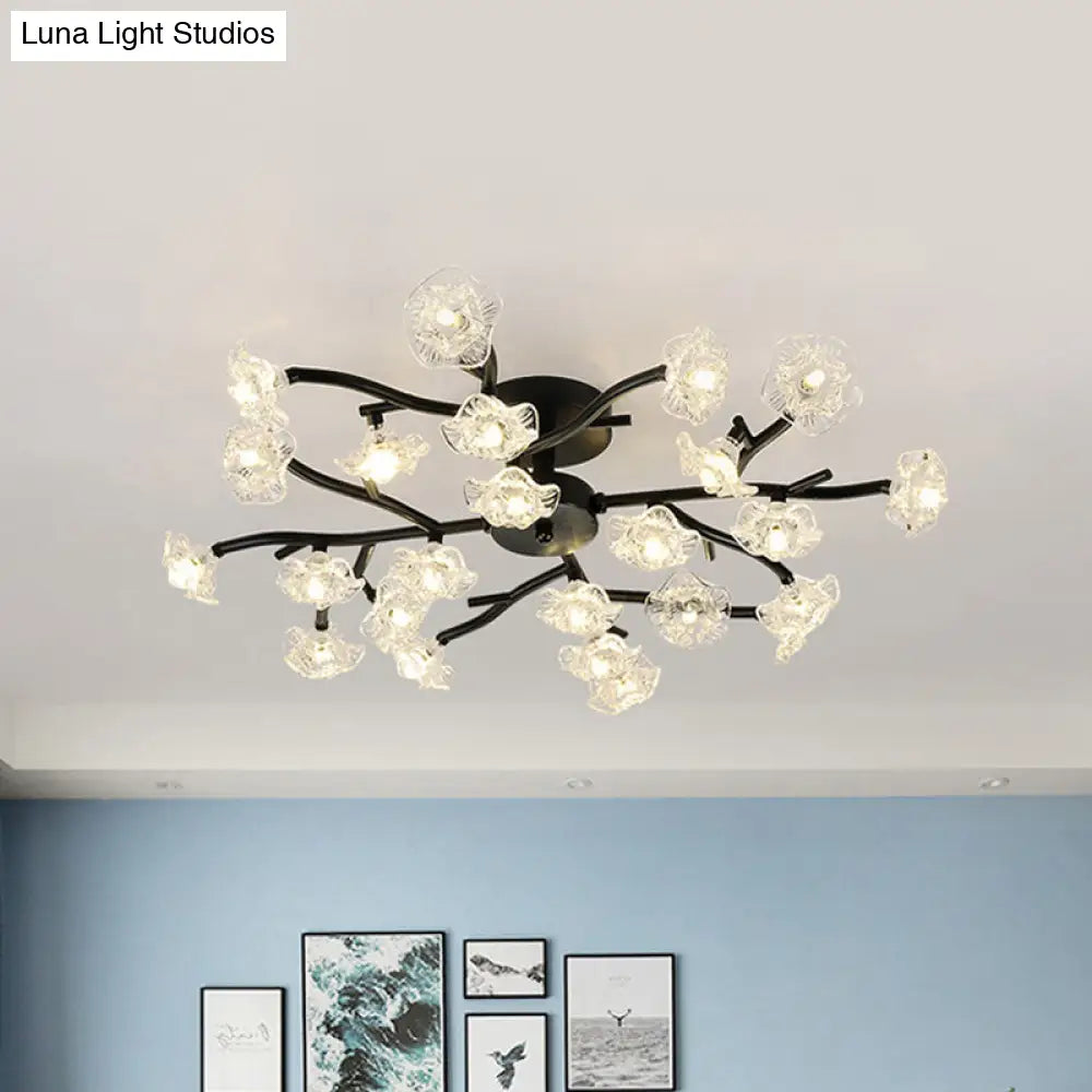 Modern Black/Gold Flower Branch Semi Flush Mount Chandelier - 24 - Bulb Ceiling Light With