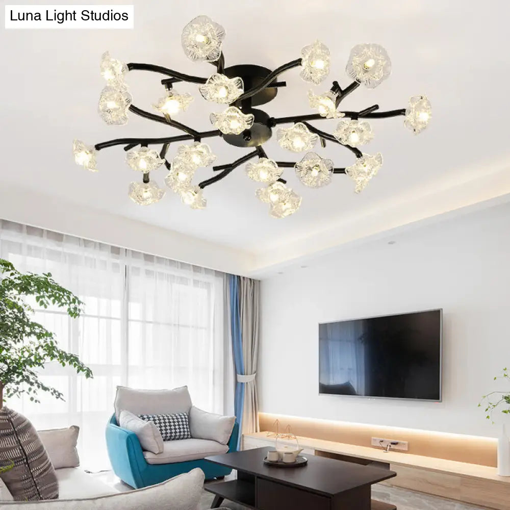 Modern Black/Gold Flower Branch Semi Flush Mount Chandelier - 24-Bulb Ceiling Light With Transparent