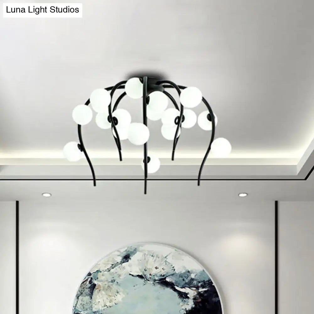 Modern Black/Gold Iron Chandelier With Matte White Balls - 15/20-Light Dining Room Hanging Lamp