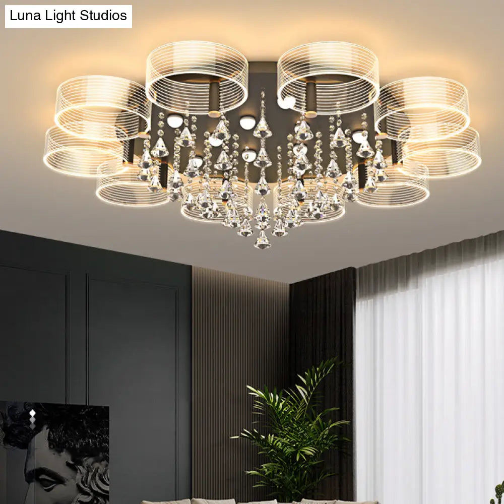 Modern Black - Gold Led Ceiling Light With Flower Design - Acrylic Round Semi Mount
