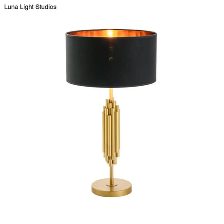 Modern Black & Gold Nightstand Lamp: Shaded Desk Light With Circular Metal Base