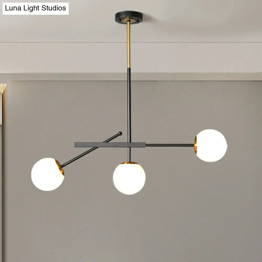Modern Black-Gold Branching Pendant With Opal Glass Balls - 3-Light Chandelier