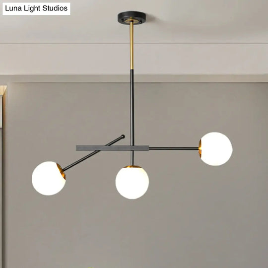 Modern Black-Gold Branching Pendant With Opal Glass Balls - 3-Light Chandelier