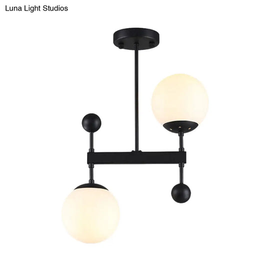 Modern Black/Gold Round Chandelier - 2-Light Led Ceiling Lamp With Milky Glass