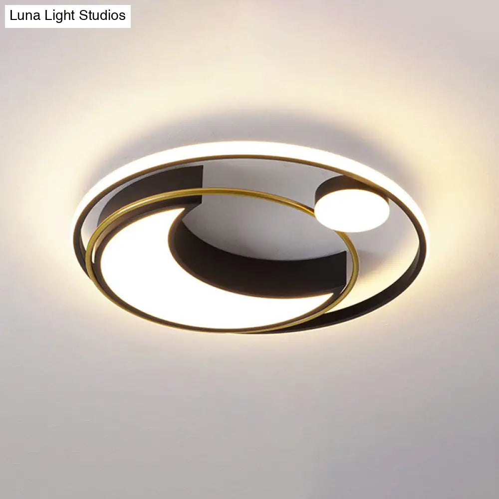 Modern Black/Gold Waxing Moon Flush Mount Light - Acrylic Led Ceiling Lighting With Orbital Side