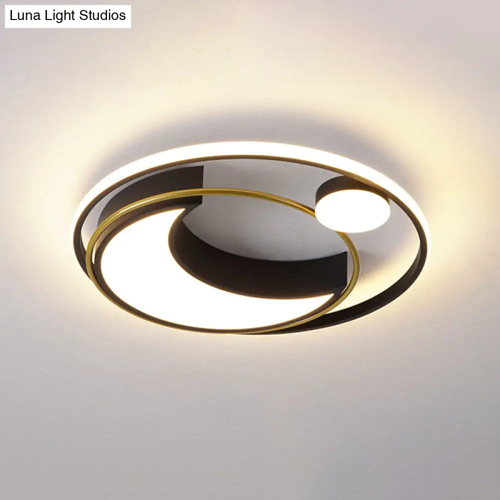Modern Black/Gold Waxing Moon Flush Mount Light - Acrylic Led Ceiling Lighting With Orbital Side