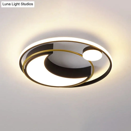 Modern Black/Gold Waxing Moon Flush Mount Light - Acrylic Led Ceiling Lighting With Orbital Side
