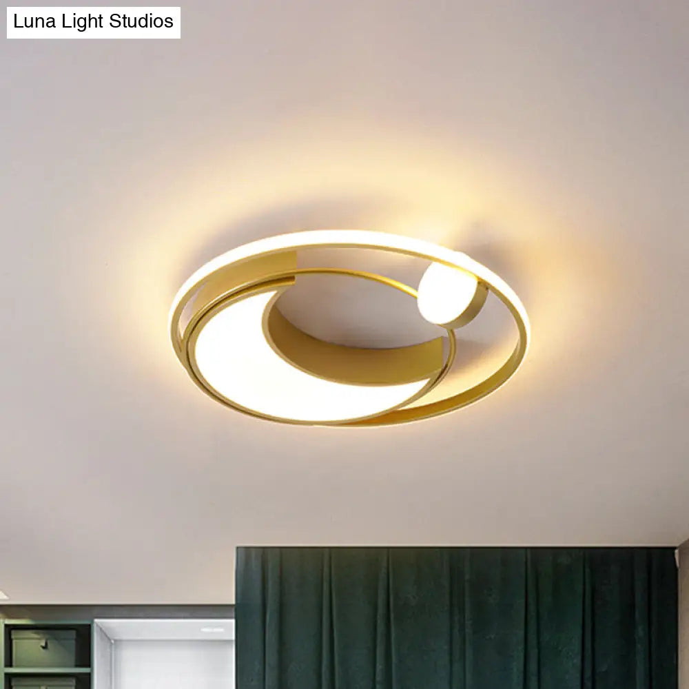 Modern Black/Gold Waxing Moon Flush Mount Light - Acrylic Led Ceiling Lighting With Orbital Side