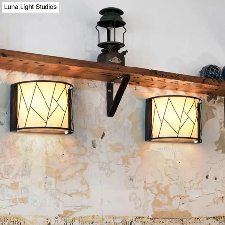 Modern Black Half-Cylinder 2-Light Wall Sconce With Fabric Wire Frame Shade