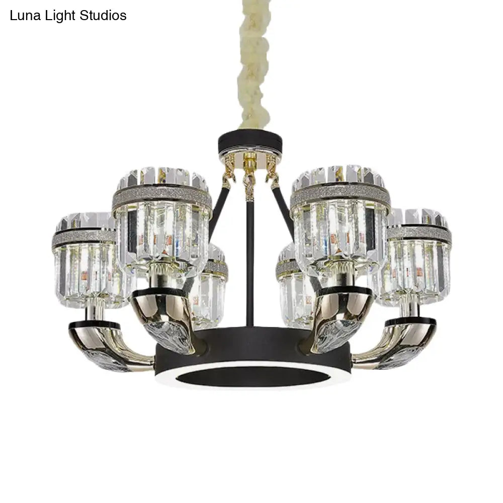 Modern Black Hoop Chandelier With Crystal Prisms Shade - 6 Bulb Living Room Pendant Lighting