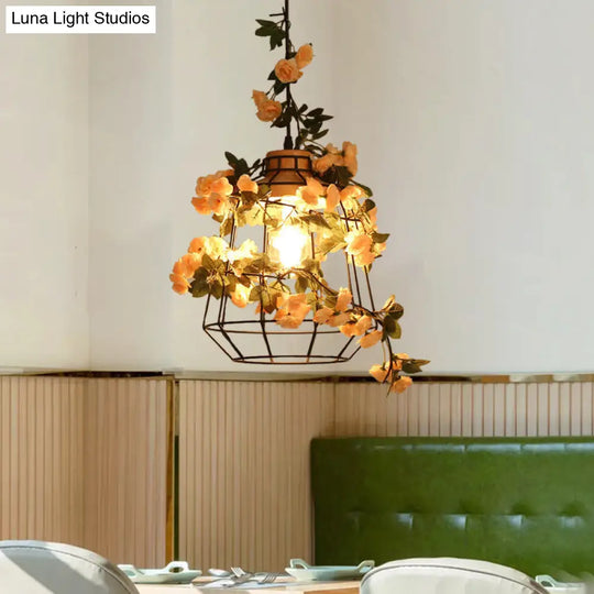 Modern Black Iron Pendant Light With Hanging Flower Jar Design Ideal For Restaurants And