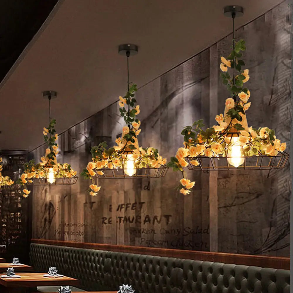 Modern Black Iron Pendant Light With Hanging Flower Jar Design Ideal For Restaurants And