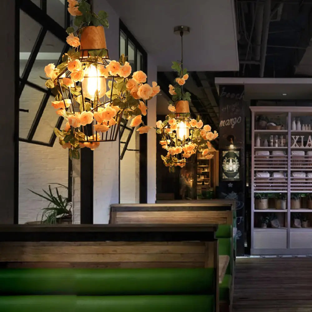 Modern Black Iron Pendant Light With Hanging Flower Jar Design Ideal For Restaurants And